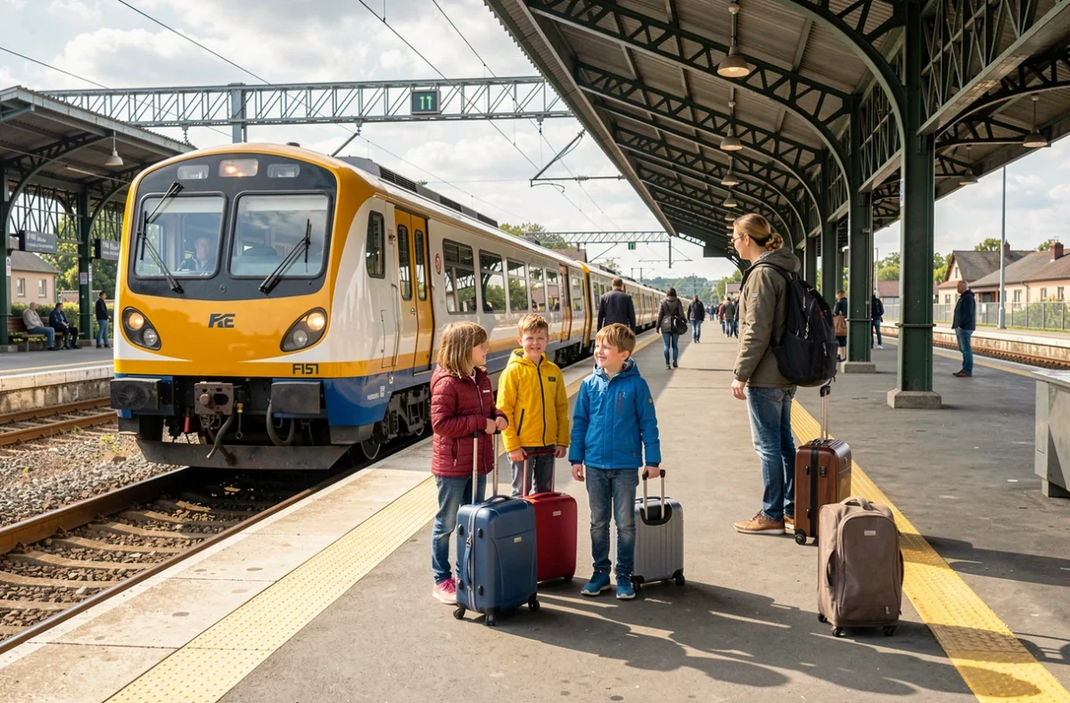 Famille nombreuse sur un quai de gare avec ses valises