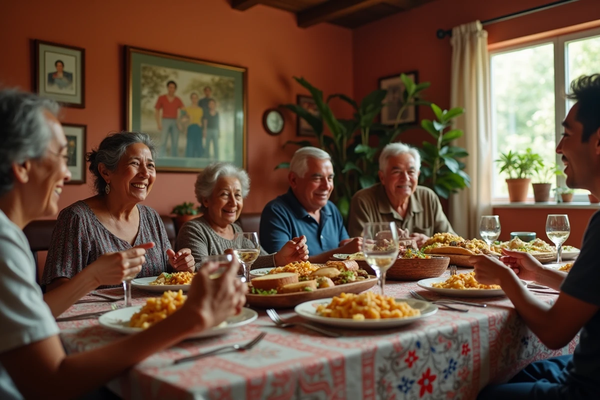 Famille d'origine latino-américaine réunie autour d'un repas traditionnel à la maison, symbolisant les racines culturelles et l'histoire familiale