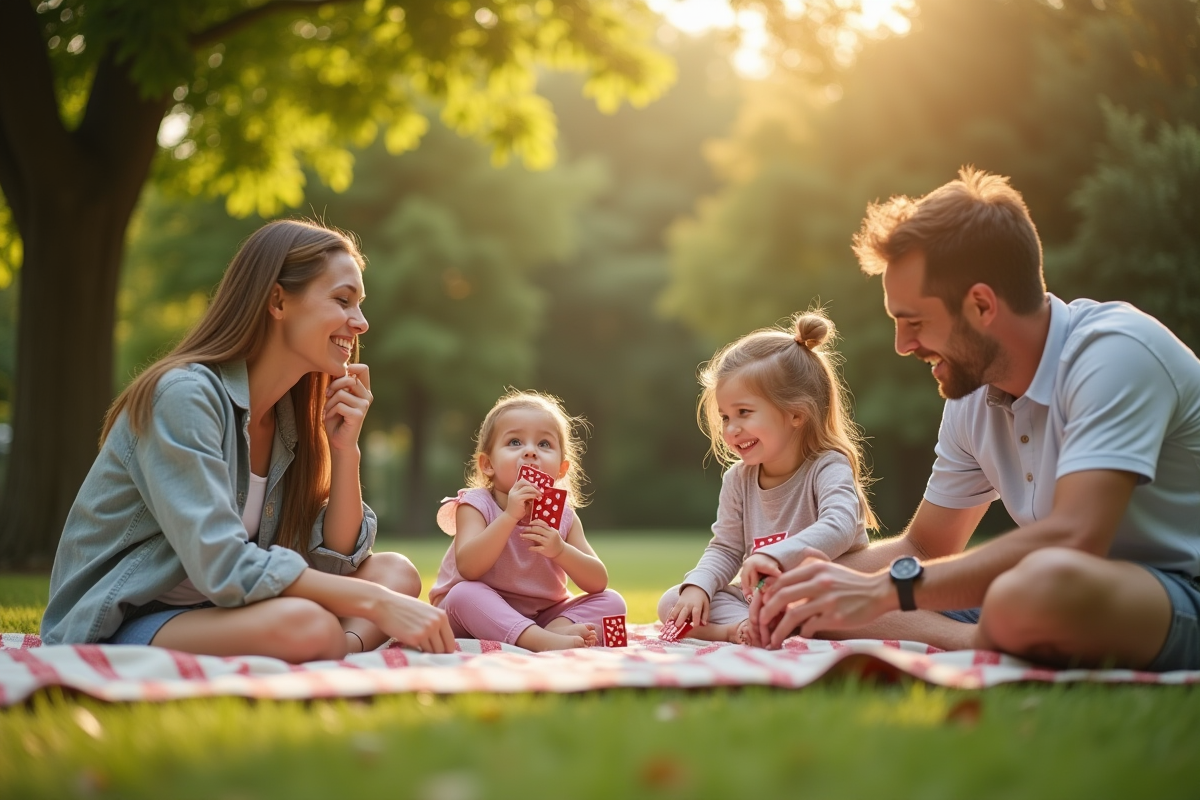 Famille jouant à un jeu devinettes en plein air sous les arbres