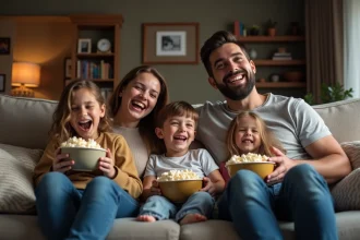 Famille souriante regardant une comédie sur la télévision