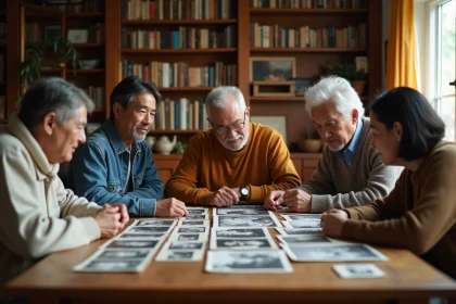 Famille multigénérationnelle réunie autour de vieilles photographies pour reconstituer l'histoire familiale des Turner