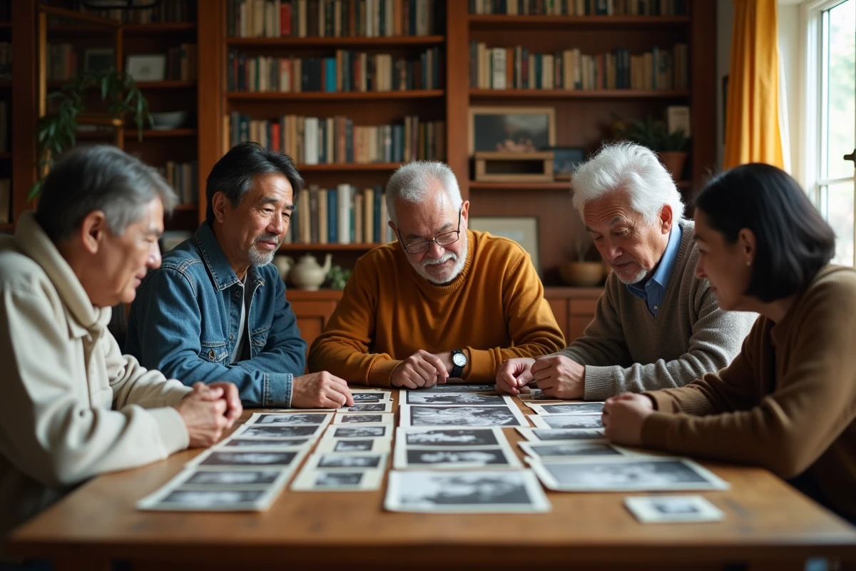 Famille multigénérationnelle réunie autour de vieilles photographies pour reconstituer l'histoire familiale des Turner