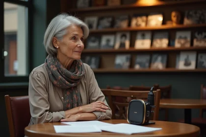 Femme fran&ccedil;aise &acirc;g&eacute;e avec micro et vinyles en fond