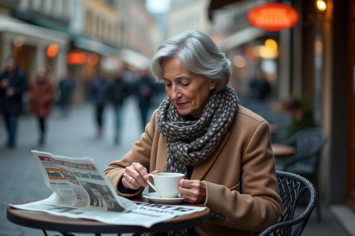 Femme assise au cafe regardant un journal