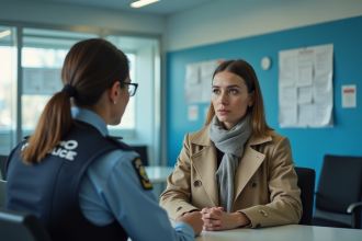 Femme en beige expliquant sa situation à un agent