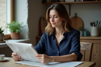 Femme en cuisine avec journal et ambiance chaleureuse
