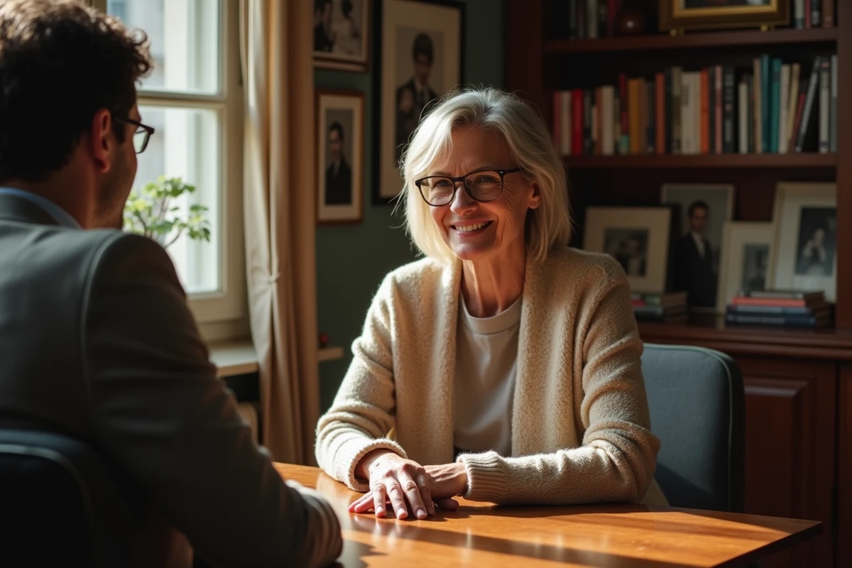 Femme en cardigan beige discutant dans un appartement parisien