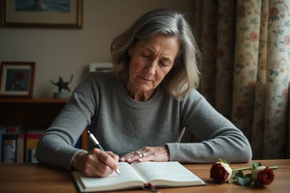 Femme écrivant une phrase d'hommage pour sa tante décédée dans un carnet, ambiance recueillie et mélancolique