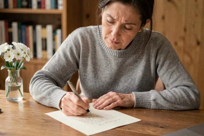 Femme écrivant une lettre de condoléances à la main sur du papier crème à un bureau en bois