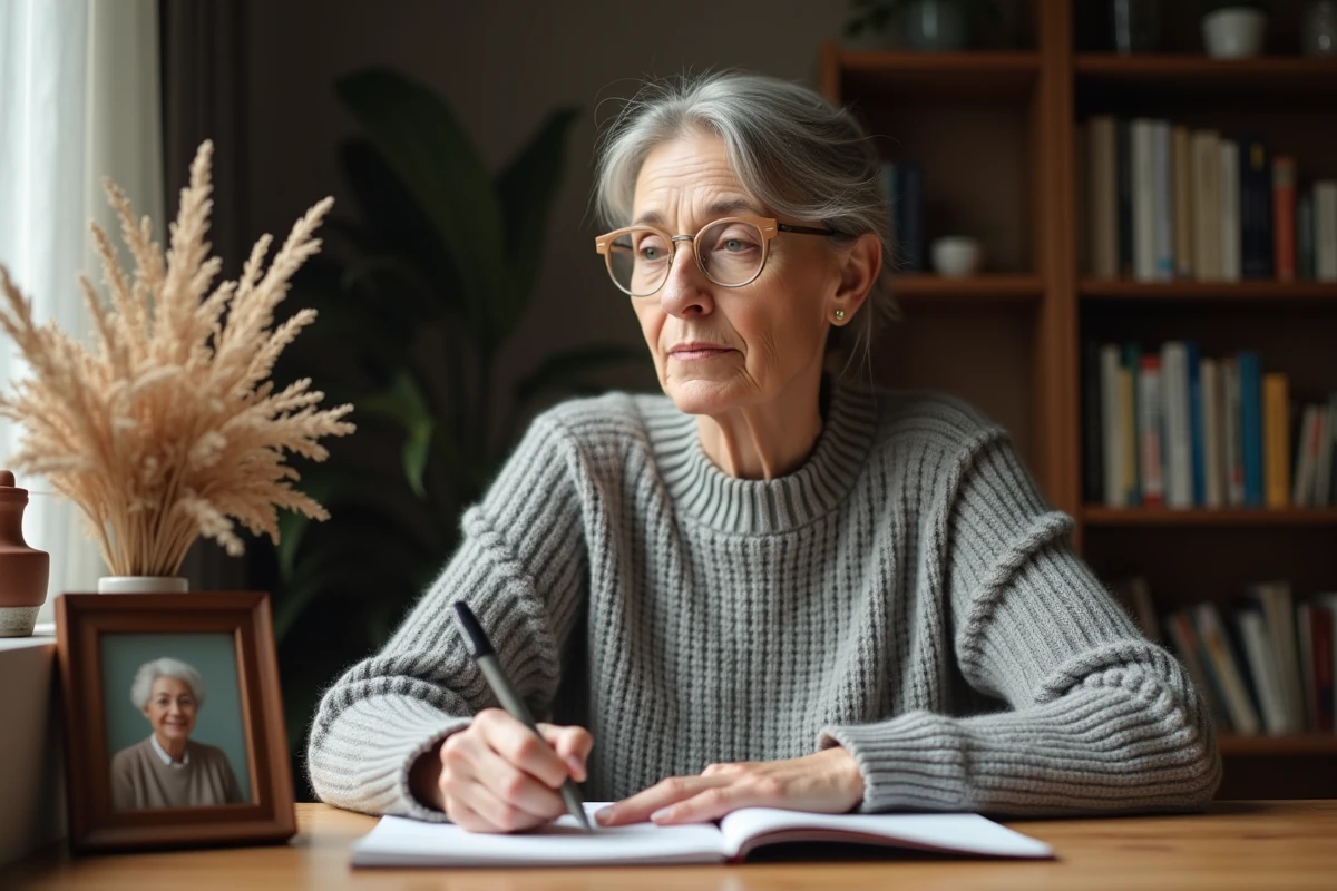 Femme écrivant un poème en hommage à sa mère décédée dans un carnet, avec une photo encadrée posée sur le bureau
