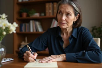 Femme écrivant un message de condoléances à la main sur une carte en papier crème avec un stylo plume, assise à un bureau en bois