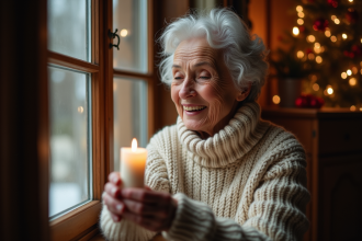 Femme âgée souriante posant une bougie blanche dans une maison française