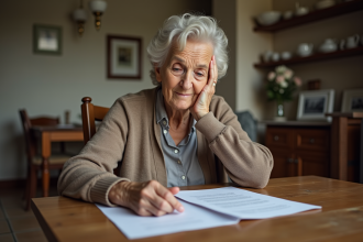 Femme âgée examinant des documents juridiques à la maison