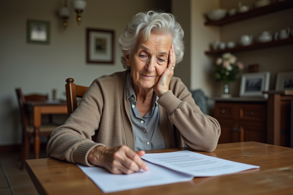Femme âgée examinant des documents juridiques à la maison