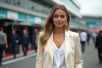 Femme élégante dans le paddock de Formule 1, illustrant la présence des compagnes de pilotes dans l'univers motorsport