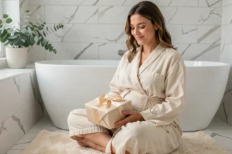 Femme enceinte en robe de bain tenant un coffret cadeau relaxant dans une salle de bain minimaliste et apaisante