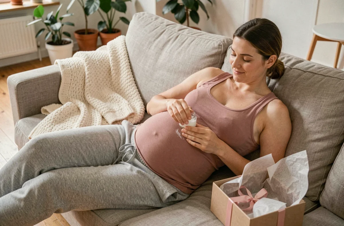 Femme enceinte appliquant une crème ventre sur le canapé après avoir ouvert un coffret cadeau de soin maternité