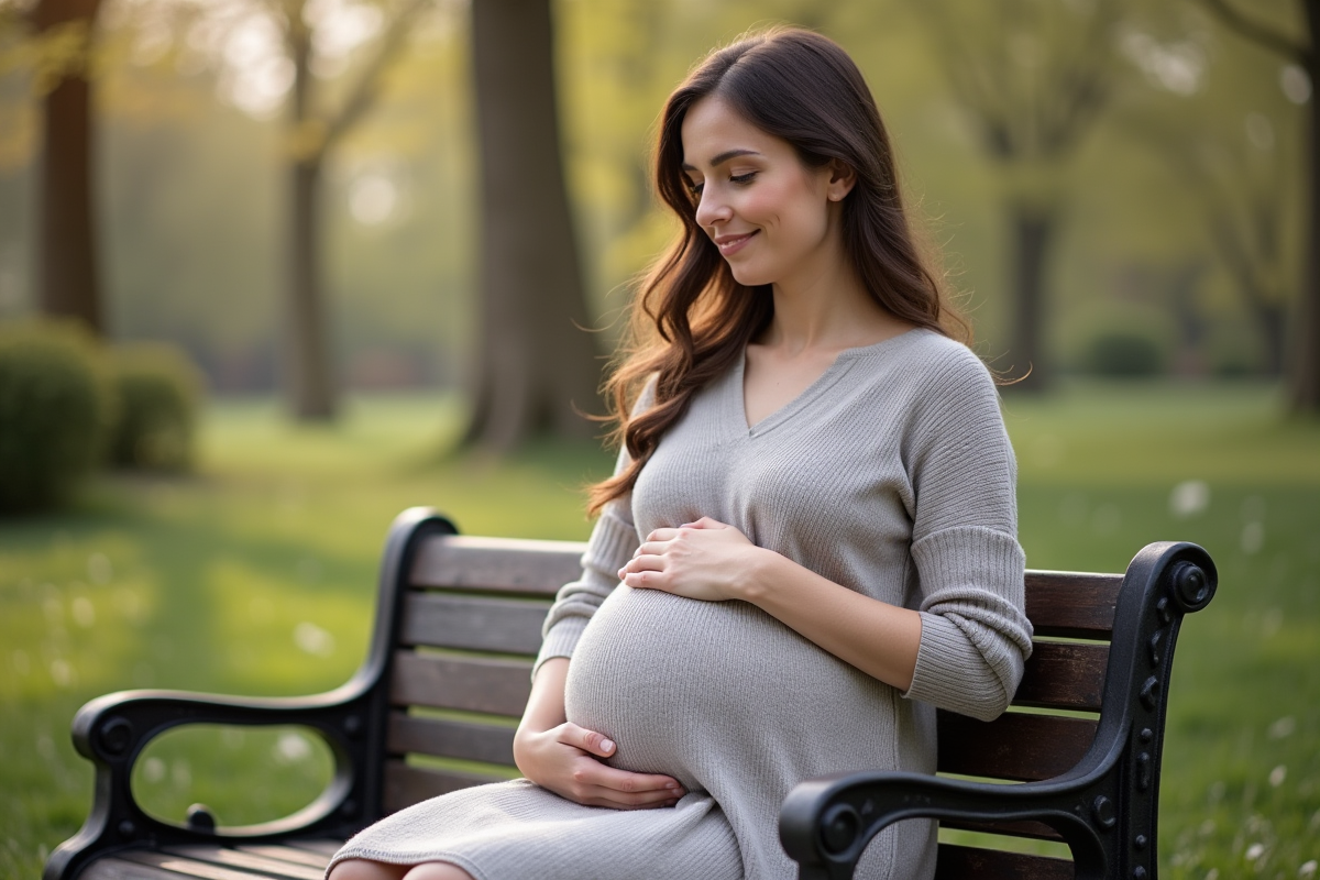 Femme enceinte assise dans un jardin au printemps