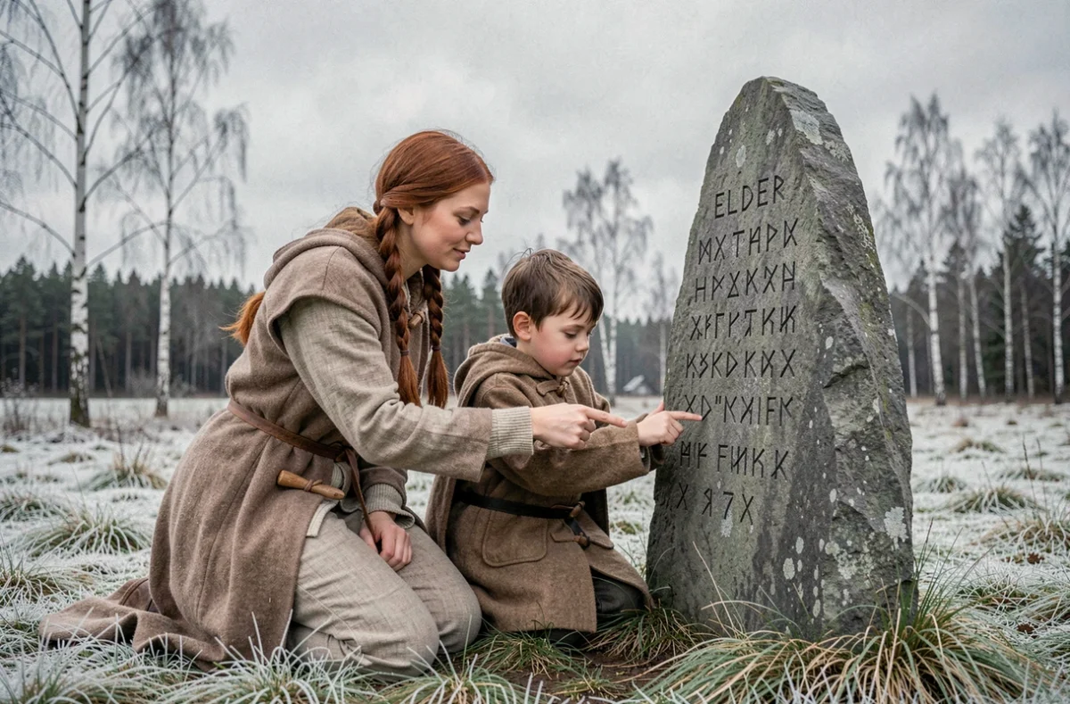 Femme nordique expliquant les runes vikings à un enfant devant une pierre runique gravée dans un paysage scandinave