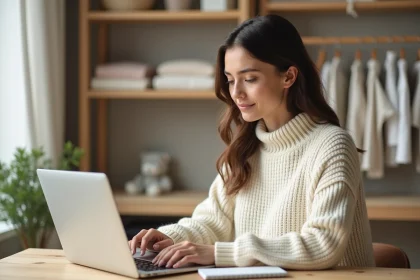 Jeune femme consultant une liste de naissance en ligne sur son ordinateur portable dans un bureau cosy