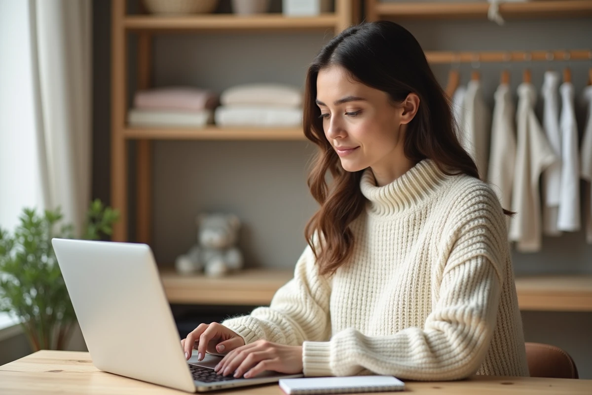 Jeune femme consultant une liste de naissance en ligne sur son ordinateur portable dans un bureau cosy