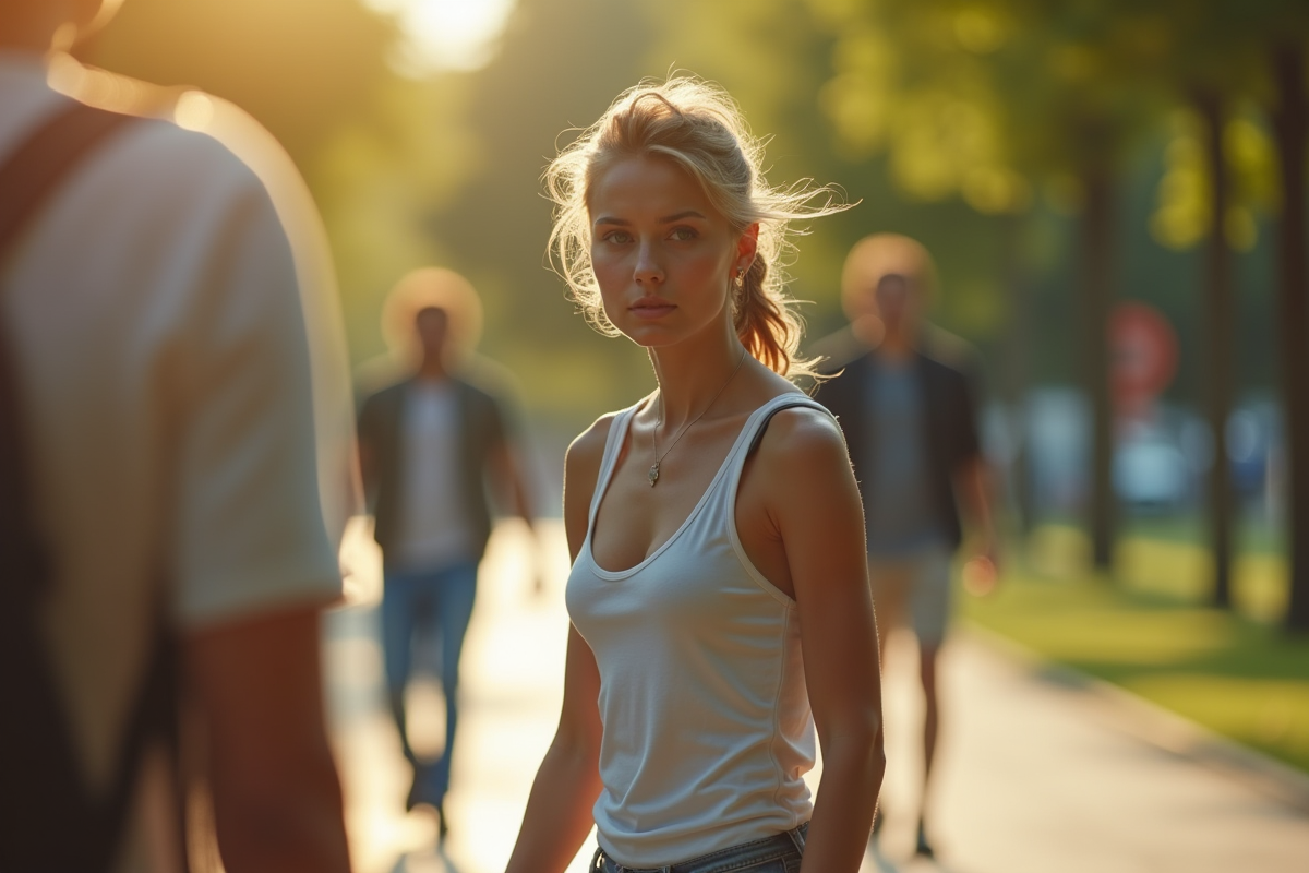 Femme marche rapidement dans un parc ensoleille