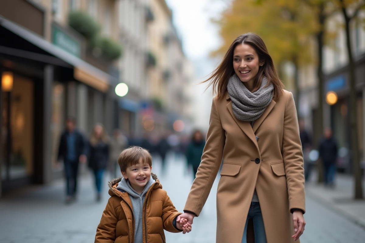 Femme et garçon marchent dans la rue animée de la ville