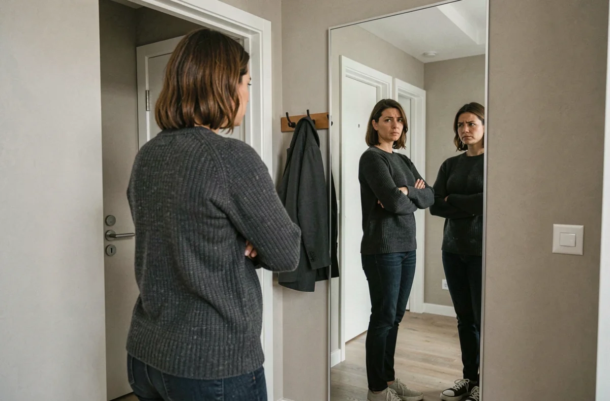 Femme se regardant dans un miroir dans un couloir d'appartement avec un manteau d'homme visible, évoquant le doute et l'emprise dans une relation clandestine