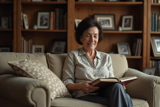 Femme âgée souriante avec albums photos dans un salon chaleureux