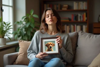 Femme tenant une photo de son chien décédé dans un salon chaleureux