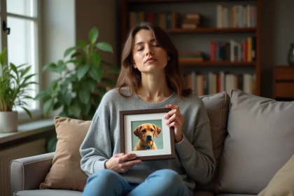 Femme tenant une photo de son chien d&eacute;c&eacute;d&eacute; dans un salon chaleureux