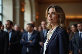 Femme en blazer navy observant un événement politique