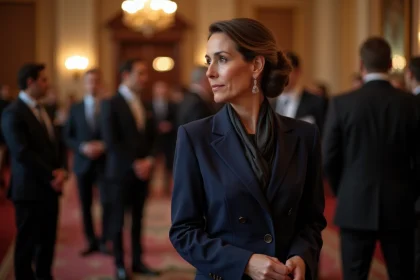 Femme en costume navy lors d'une reception formelle