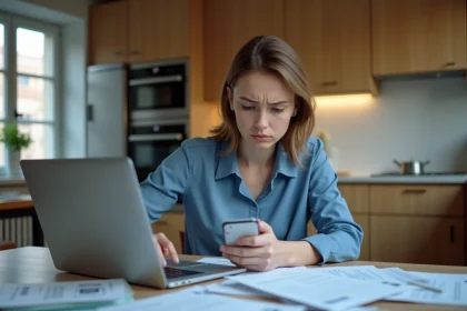 Jeune femme cherchant une assurance &agrave; la maison