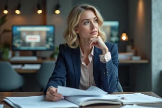 Femme en blazer navy lisant des articles dans un bureau moderne