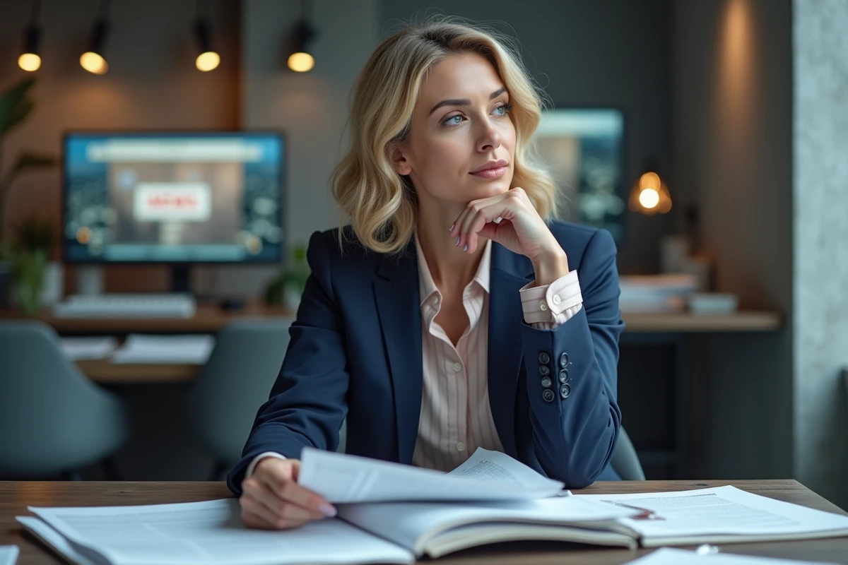 Femme en blazer navy lisant des articles dans un bureau moderne