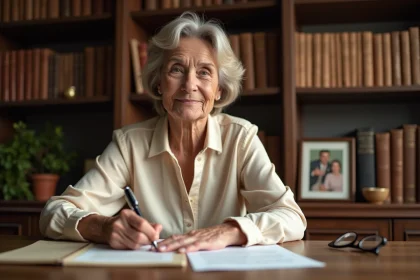 Femme mature rédigeant un testament olographe à la main dans un bureau familial chaleureux