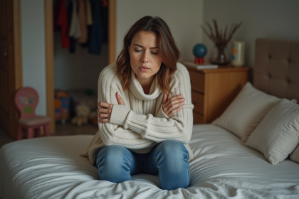 Femme assise sur le lit dans une chambre familiale