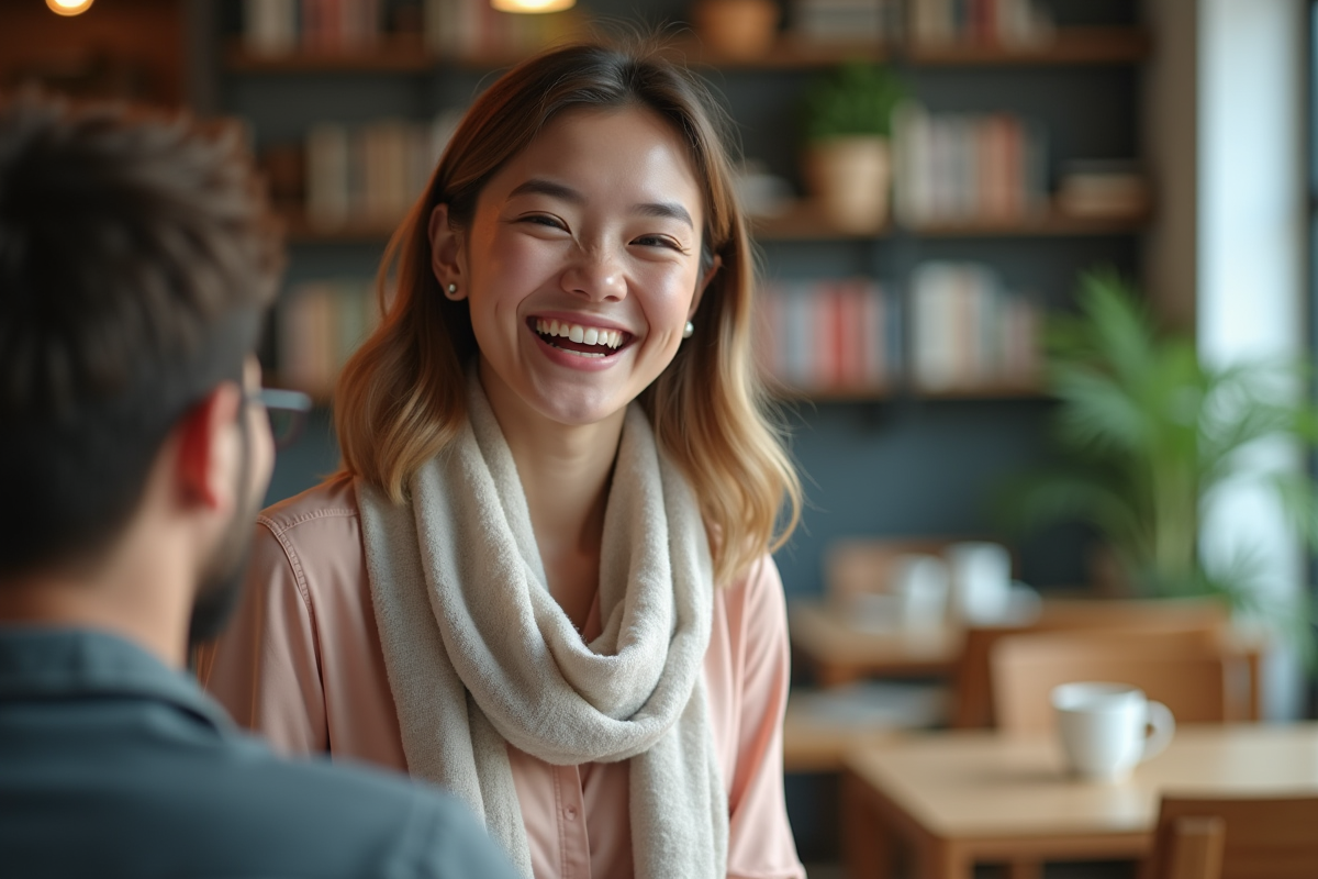 Jeune femme souriante dans un café moderne intérieur