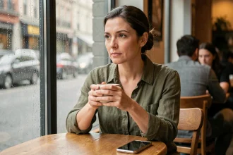 Femme seule dans un café regardant par la fenêtre sous la pluie, symbolisant l'attente et l'isolement émotionnel dans une relation sous emprise