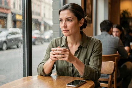 Femme seule dans un café regardant par la fenêtre sous la pluie, symbolisant l'attente et l'isolement émotionnel dans une relation sous emprise
