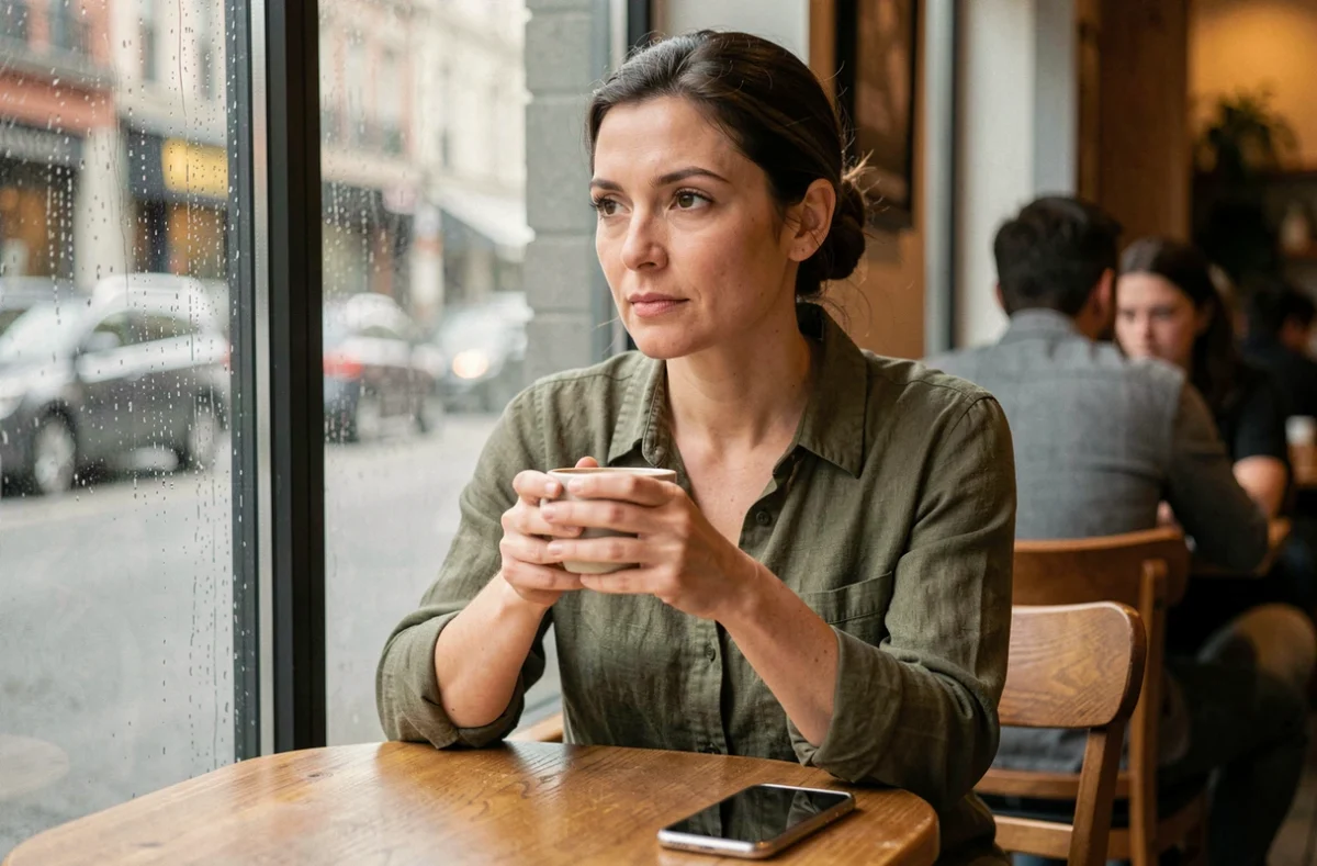 Femme seule dans un café regardant par la fenêtre sous la pluie, symbolisant l'attente et l'isolement émotionnel dans une relation sous emprise
