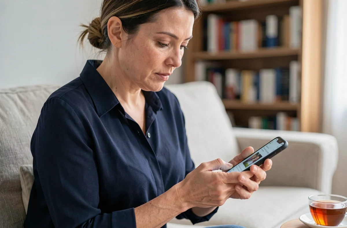 Femme rédigeant un message de condoléances sur smartphone dans un salon feutré