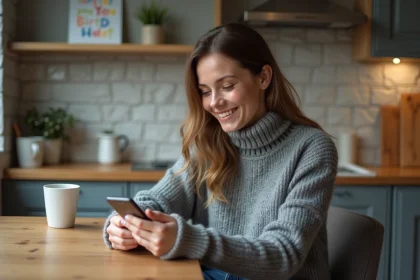 Femme souriante utilisant son smartphone dans la cuisine chaleureuse