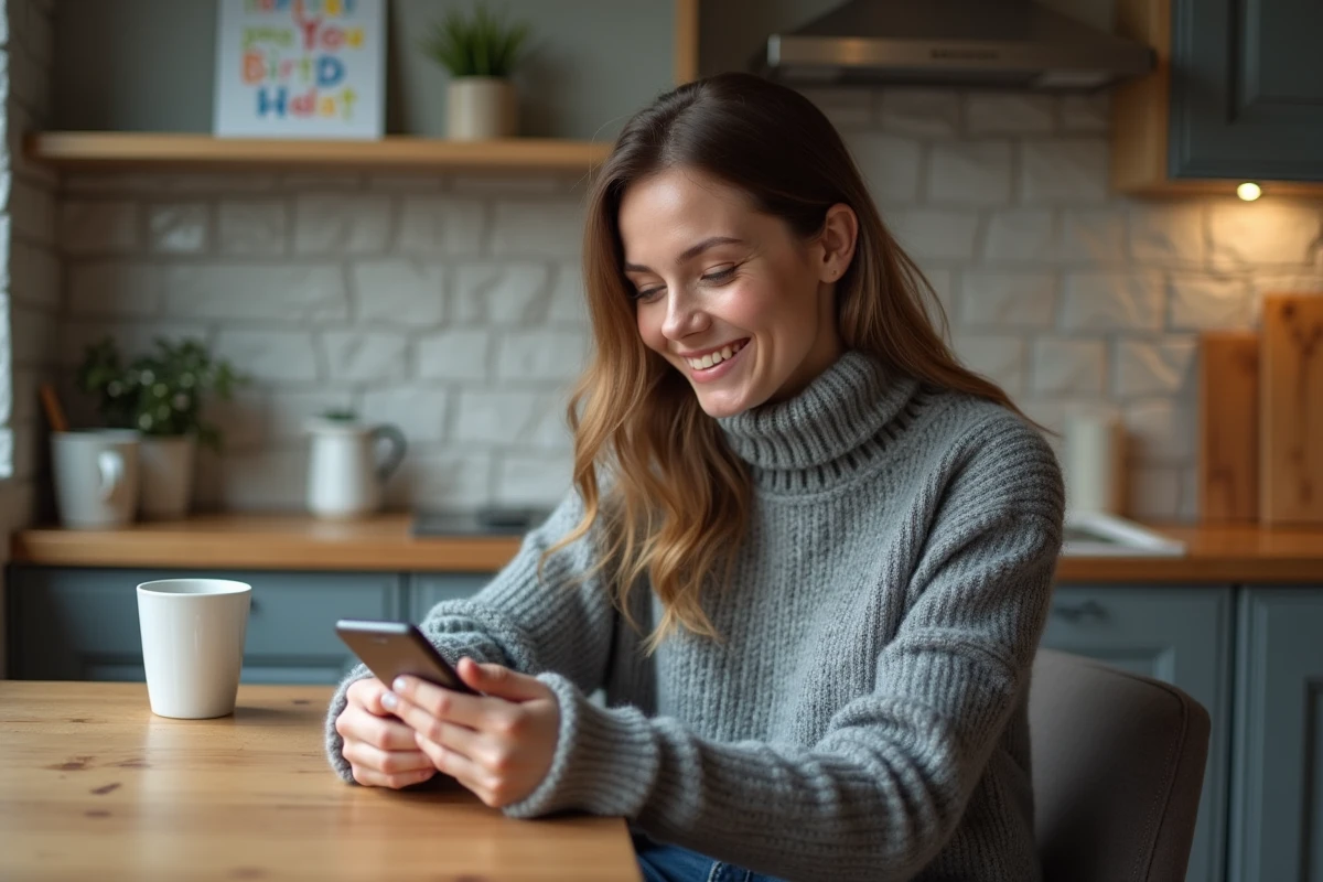 Femme souriante utilisant son smartphone dans la cuisine chaleureuse