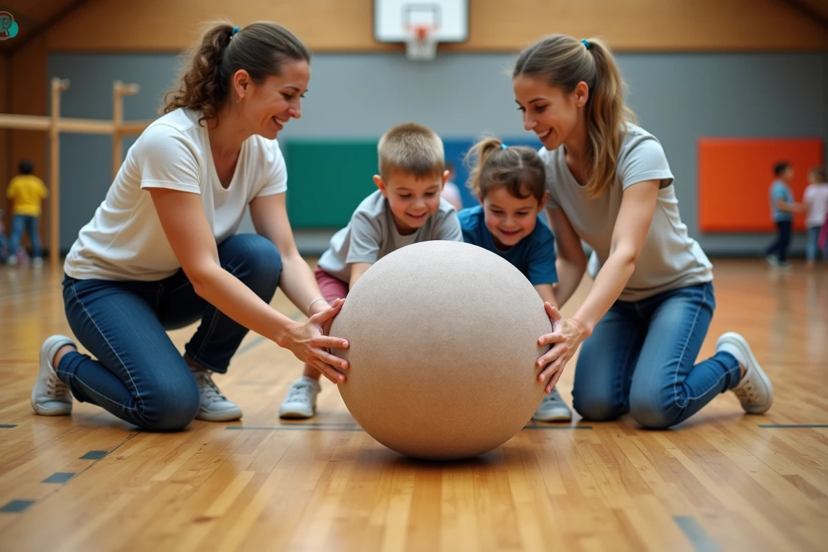 Femmes aidant des enfants à rouler un ballon dans un gymnase