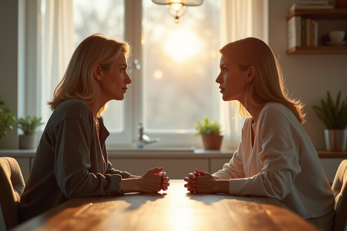 Deux femmes discutant à une table de cuisine lumineuse