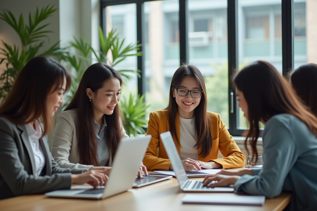 Femmes vietnamiennes modernes travaillant en coworking
