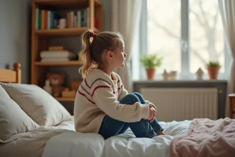 Fille de 7 ans assise seule sur son lit regardant par la fenêtre