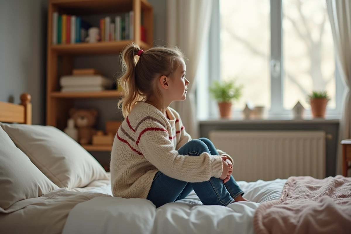 Fille de 7 ans assise seule sur son lit regardant par la fenêtre